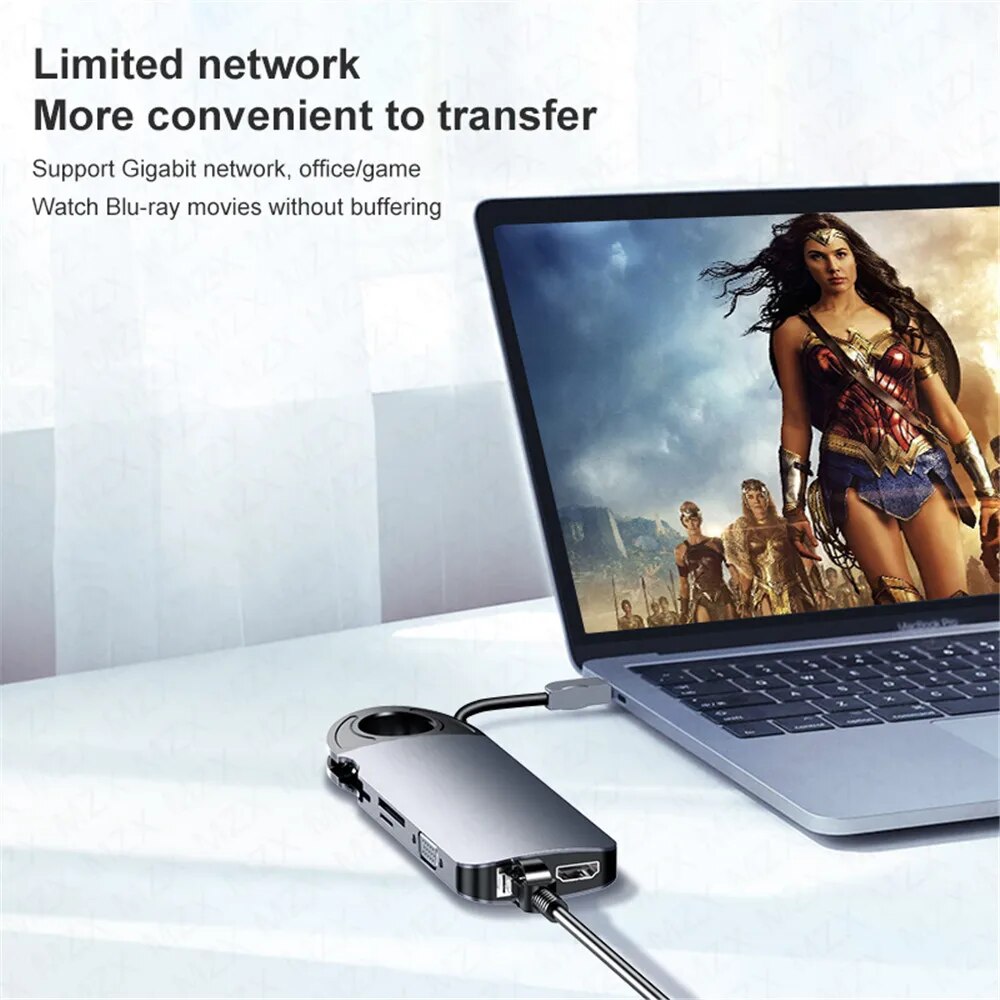 MZX 10 in 1 Docking Station 1000M RJ45 USB Hub Tipo C Type A Extension Dock To HDMI VGA Ethernet for Macbook Laptop Notebook PC. 