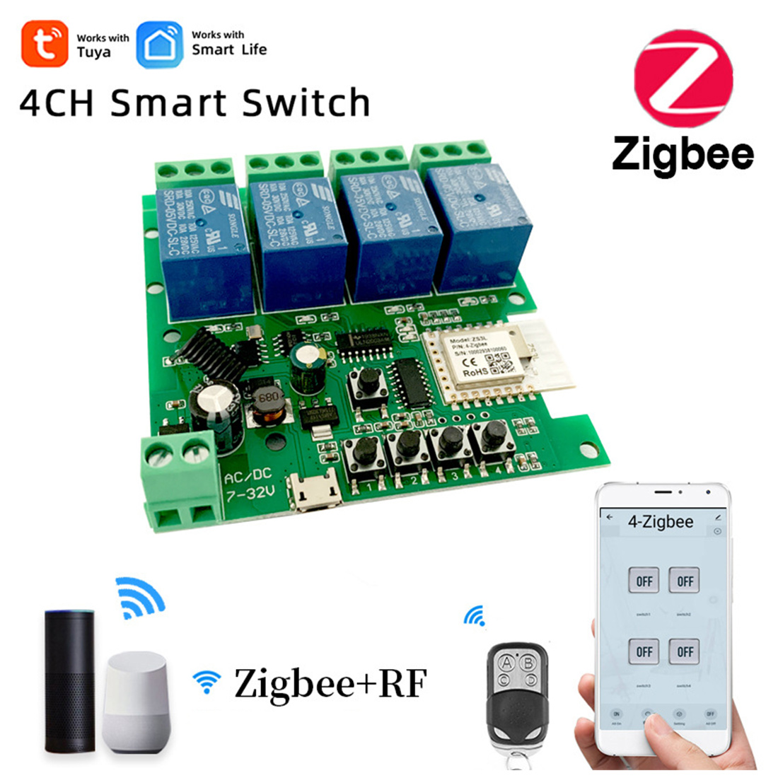 Zigbee Tuya Smart 4CH Relay Module DC5V 7-32V RF433Mhz Remote Control Light Switch Work with Alexa Google Home. 