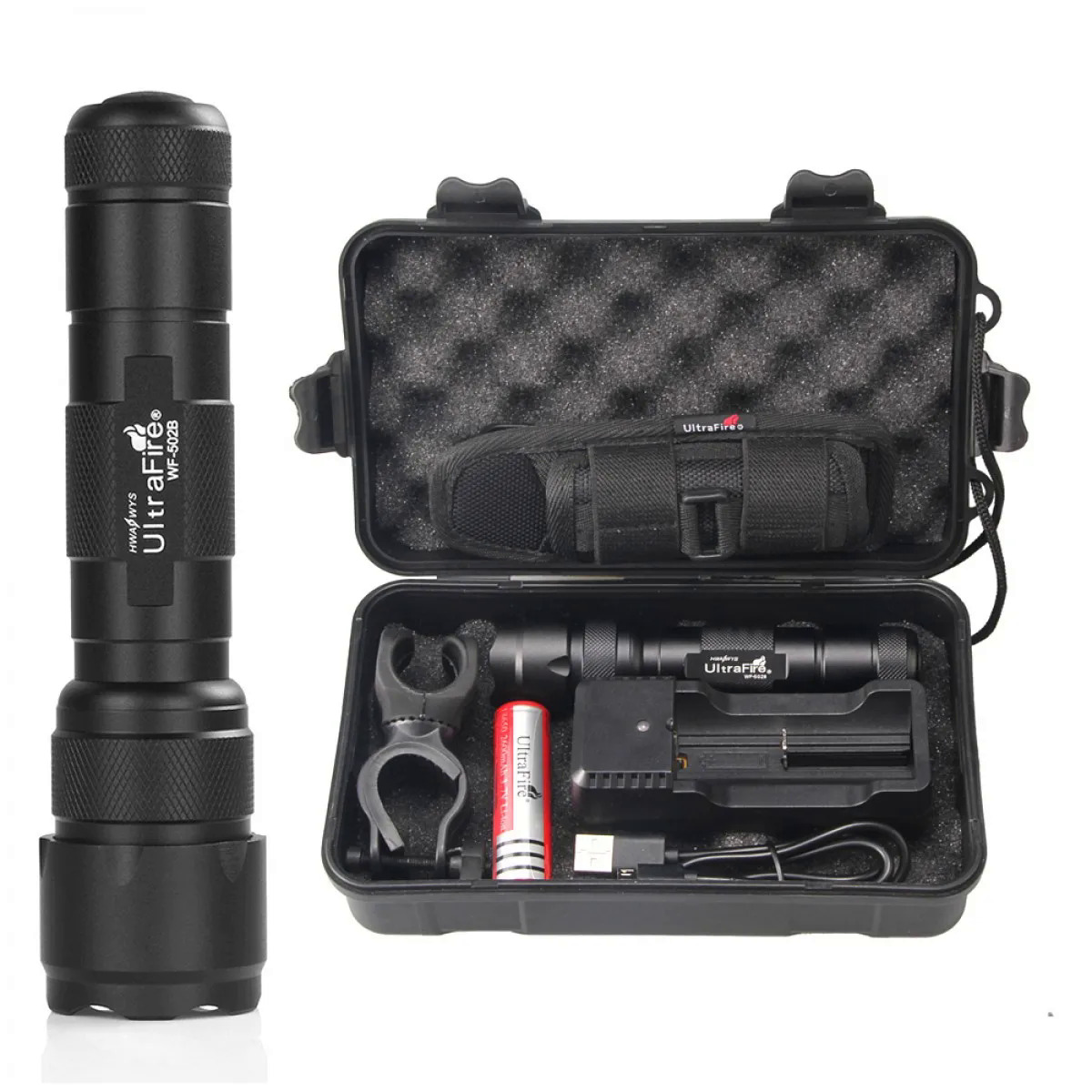 Ultrafire 18650 portable tactical torch led high lumen 502B flashlight USB charger, rechargeable battery. 