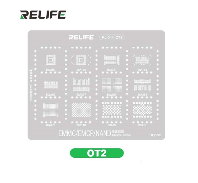Relife RL-044 OT2 BGA IC Reballing Stencil For Android Nand Flash EMMC EMCP UFS LPDDR PCIE BGA162 BGA153 BGA169 BGA221 BGA186 BGA297 BGA254 BGA178 BGA200 BGA110 BGA60 BGA70 similar EMMC:1 EMMC:2 EMMC:3