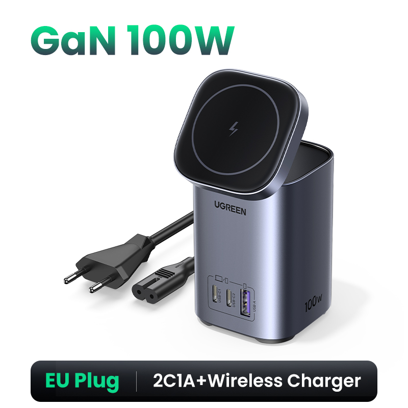 UGREEN Nexode 100W USB C Charger with MagSafe 15W Wireless Charger Stand, 4in1 GaN Desktop Charging Station for MacBook Pro/Air M2, iPhone 14 Pro Max/13, iPad, Dell XPS, Galaxy S23. 
