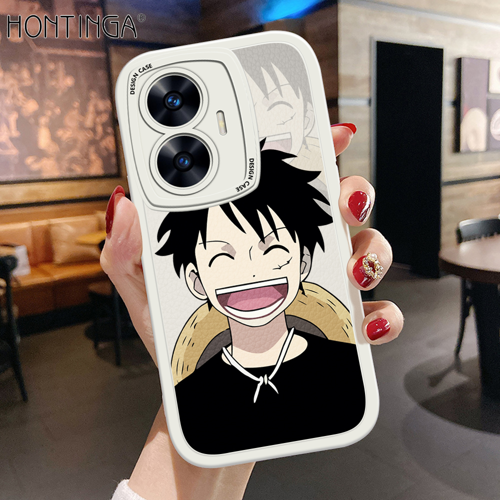 Hontinga for Realme C55 Back Cover PU Leather Happy Luffy Phone Case Soft Silicone Edge Mobile Cover