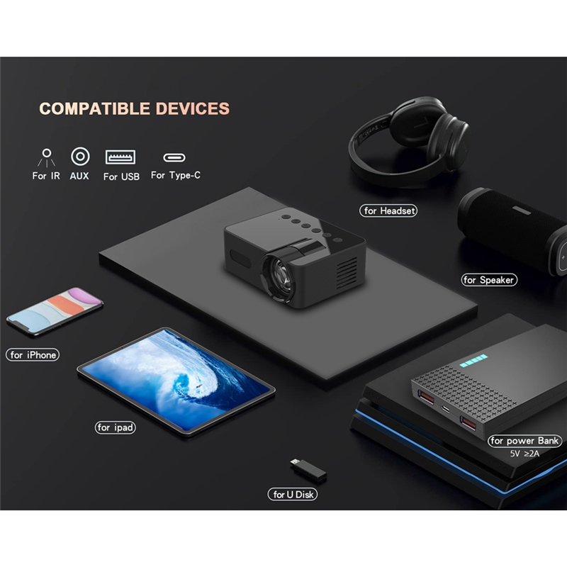 Projector LED HD 1080P Wireless Mobile Phone Mini Projector with Projector Stand Portable Home Theater Video Player, Fine Workmanship -B. 