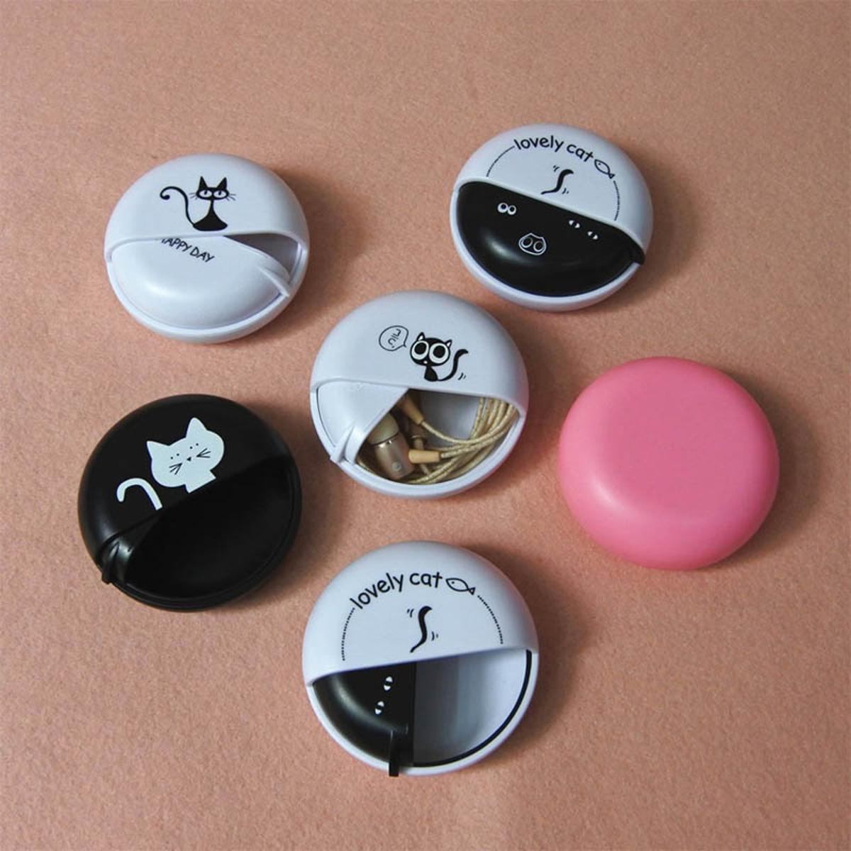 Plastic Earphone Organizer Cute Cartoon Headphone Container Rotating Cover Round Earphone Wire Box Data Line Cables Storage Case. 