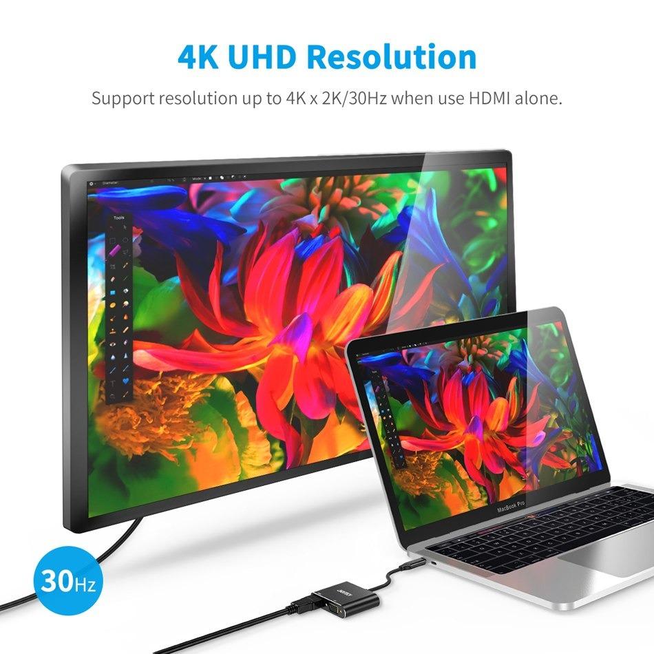 CHOETECH HUB-M17 USB C to HDMI VGA Adapter, USB-C Type C to HDMI 4K+VGA Adapter 3 Pro/ 9. 