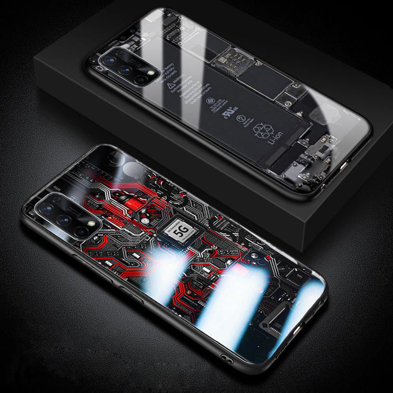 For Realme 7 Pro Back Cover Version Theme Case Tempered Glass Protection shockproof Cover for Realme7 Pro case Transparent Circuit Board Design Full Coverage Phone cases. 