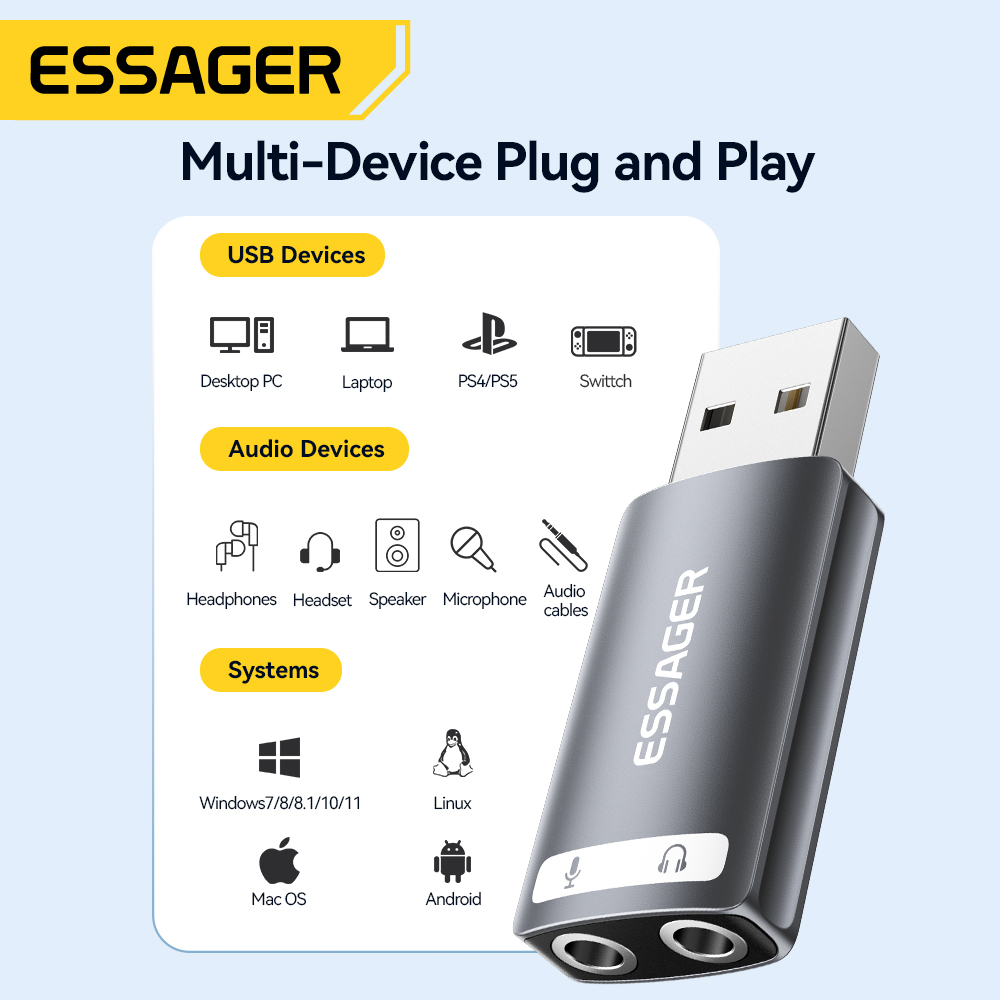 Essager USB Sound Card External 3.5mm USB Adapter Mic Headphone Audio Adapter Speaker Interface For Laptop Computer PS5 PS4. 