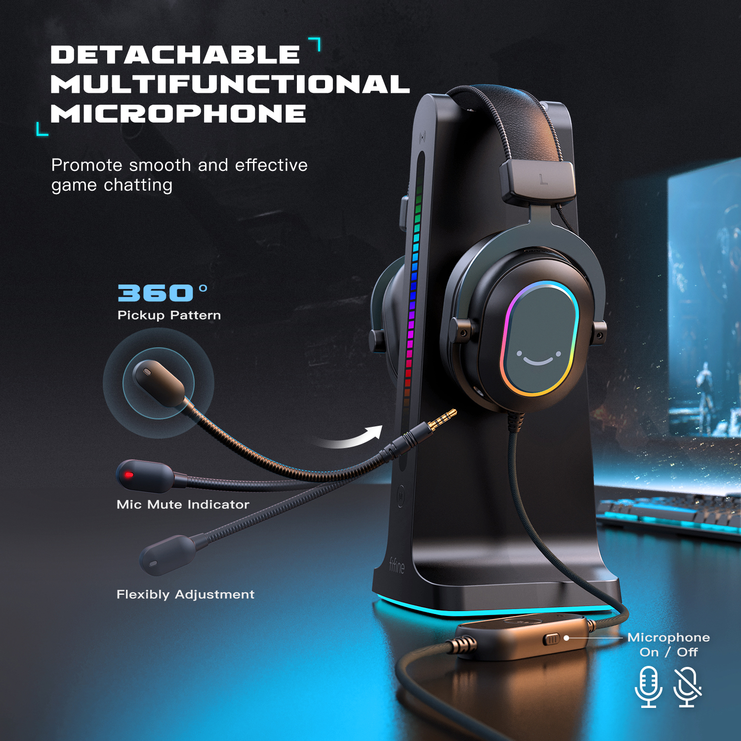 FIFINE USB Gaming Headset with 7.1 Surround Sound/Line Control/3EQ Mode,RGB Over-ear Headphone with Mic for PC,PS5 Ampligame-H6. 