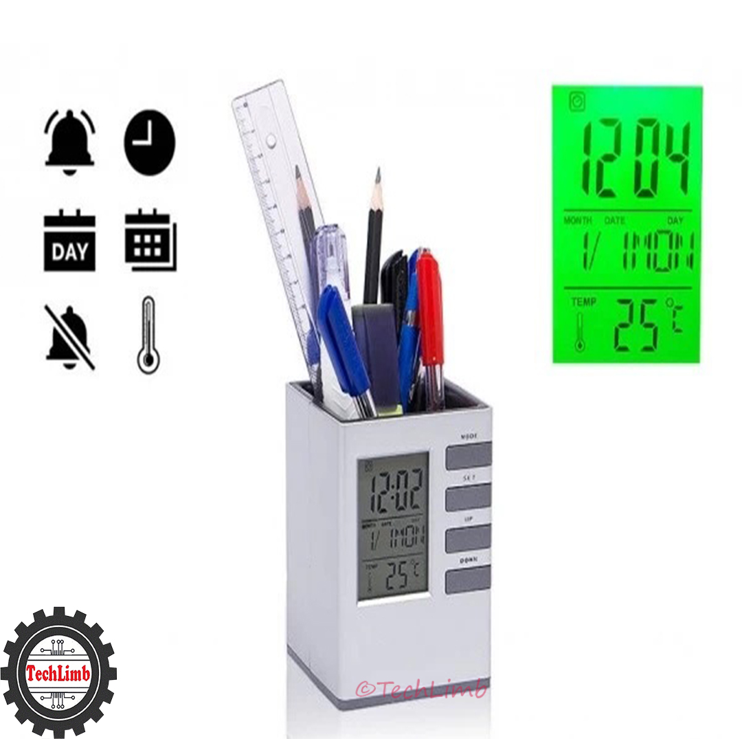 CUBE Desk Pen Stand with Digital Clock, Temperature, Alarm & Calendar - Multifunctional Pen Holder for Office & Home Desk - TechLimb. 
