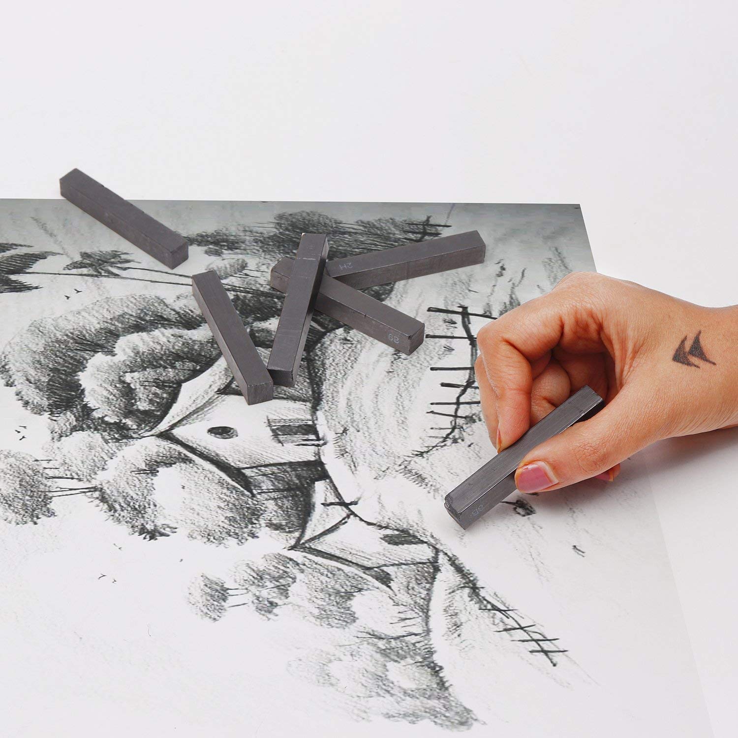 Worison Drawing Shading Compressed Charcoal Sticks, Soft, Medium, Hard-6 Pcs. 