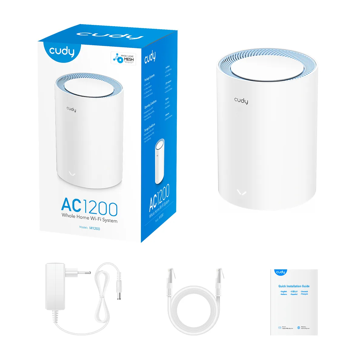 Cudy M1200 (1-pack) AC1200 Dual Band Whole Home Wi-Fi Mesh System - 867Mbps on 5GHz and 300Mbps on 2.4GHz - 2 Internal Antennas - White. 