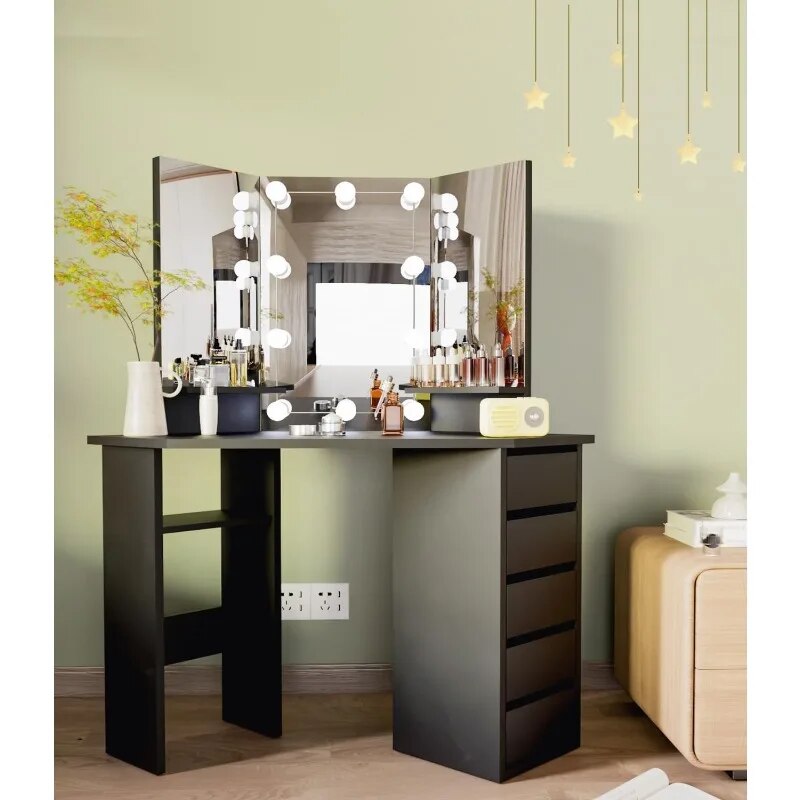 Corner Vanity Desk with Drawers and Mirror, Corner Makeup Vanity with Mirror and Lights, Small Bedroom Vanity Table Makeup Desk. 