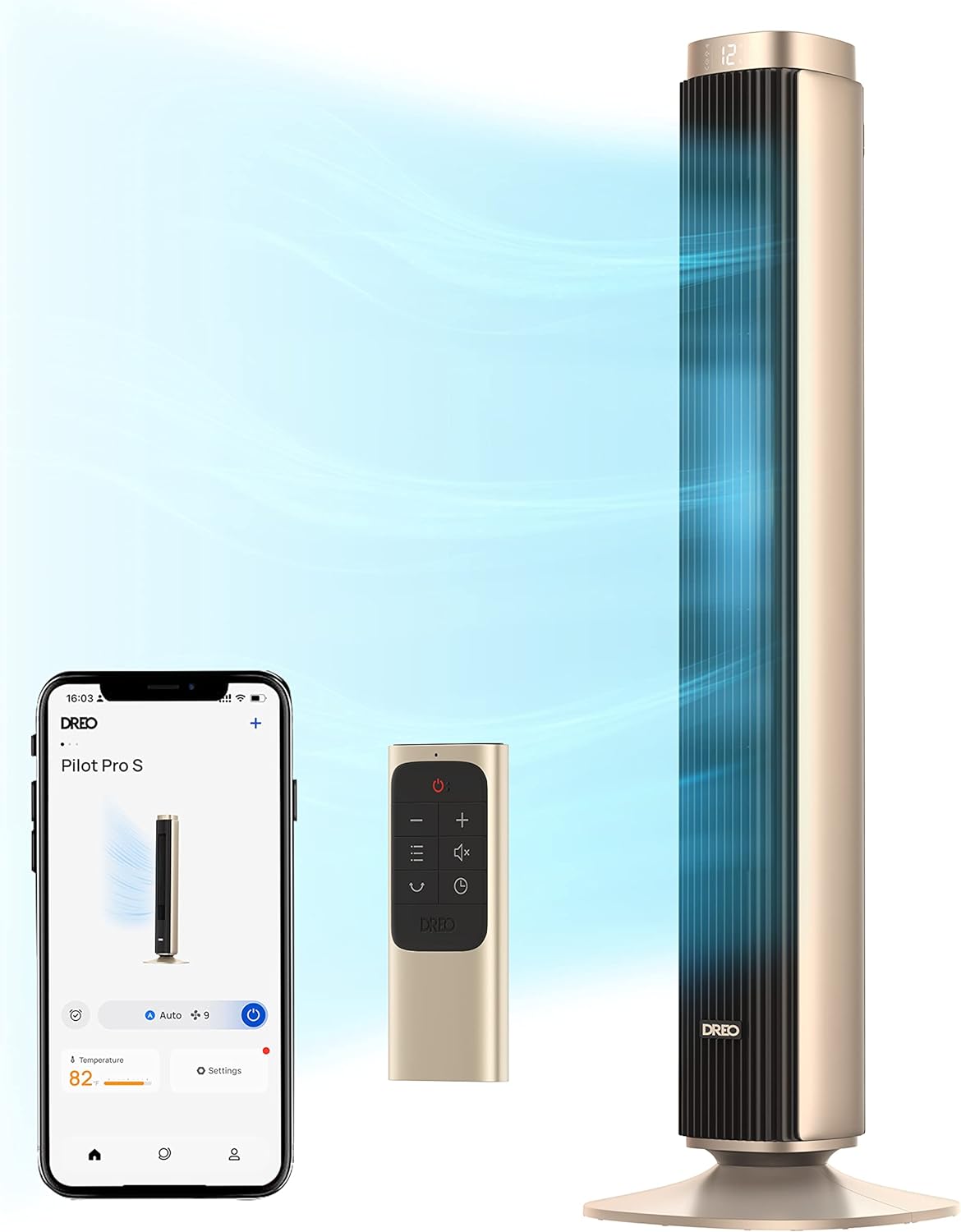 Dreo Tower Fan Smart Voice Control, 25 DB Quiet DC Portable Bladeless Fan, Works with Alexa, Google, App, Remote, 90°. 