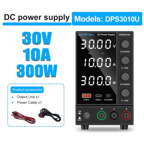 WANPTEK DPS3010U Solid-state Adjustable Regulated DC Power Supply, 30V 10A, Encoder Adjustment, USB Type-C Fast Charge, 4-Digit Display, Low Ripple, Low Noise, Cooling Fan Black - UK Plug