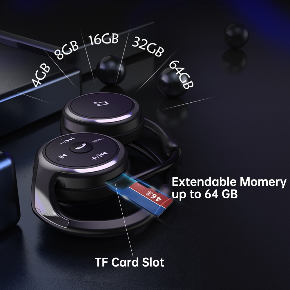 Bluetooth Earphones with MP3 Player FM Radio On-Ear Comfortable Wrap Around Head Wireless Headphones Extendable Memory with Mic. 