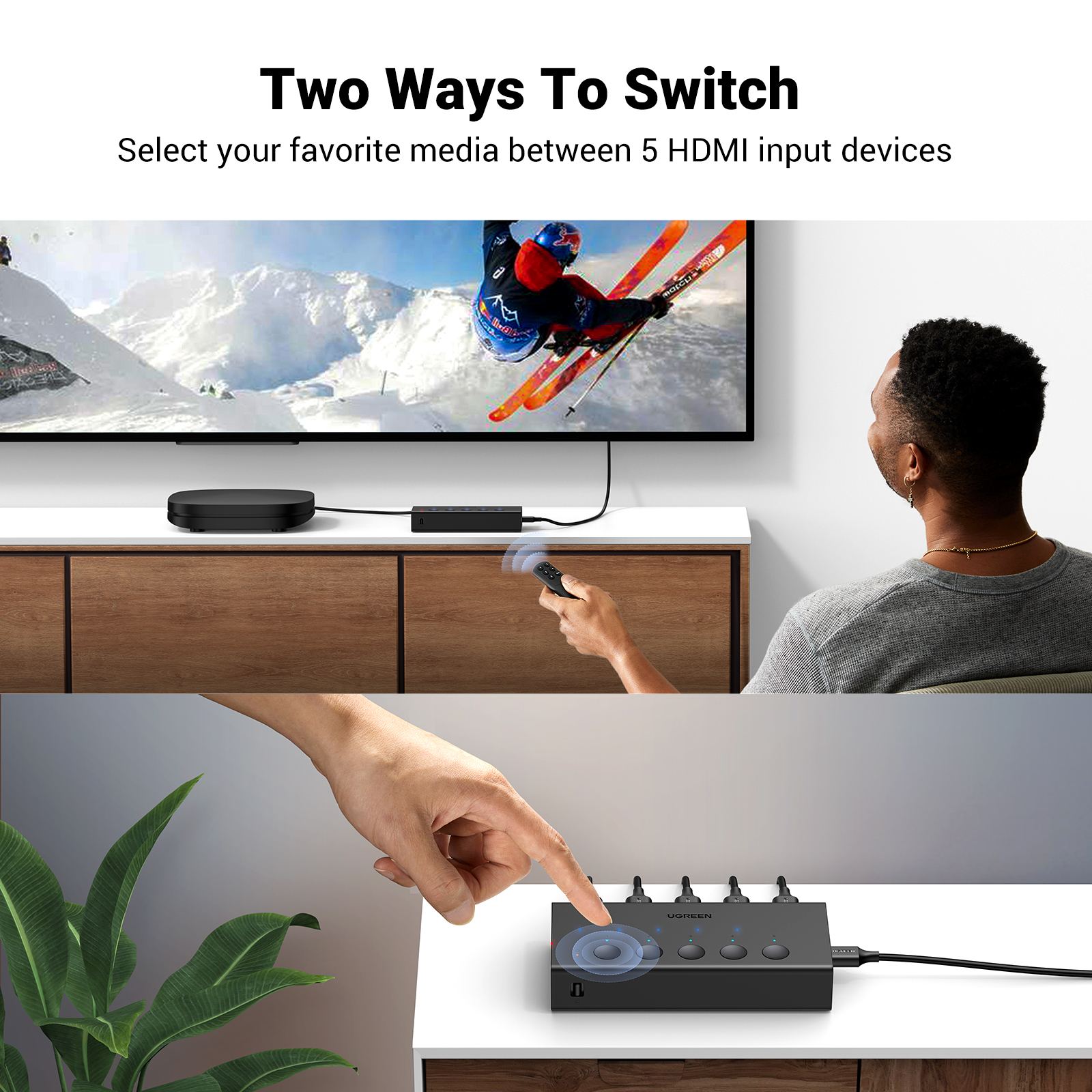 UGREEN HDMI Switch 5 in 1 Out, HDMI Splitter 4k@60hz with Remote, 5 Port HDMI 2.0 Switcher Support 3D CEC HDR HDCP 2.2 for PS5/4, Xbox, TV Box, Blu-Ray, HDTV, Monitor. 