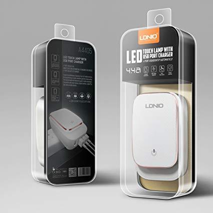 LDNIO A4405 LED Touch Lamp Universal 4 USB Ports 4.4A Auto ID Fast Charger Adapter with USB Data Cable For Smartphone White. 