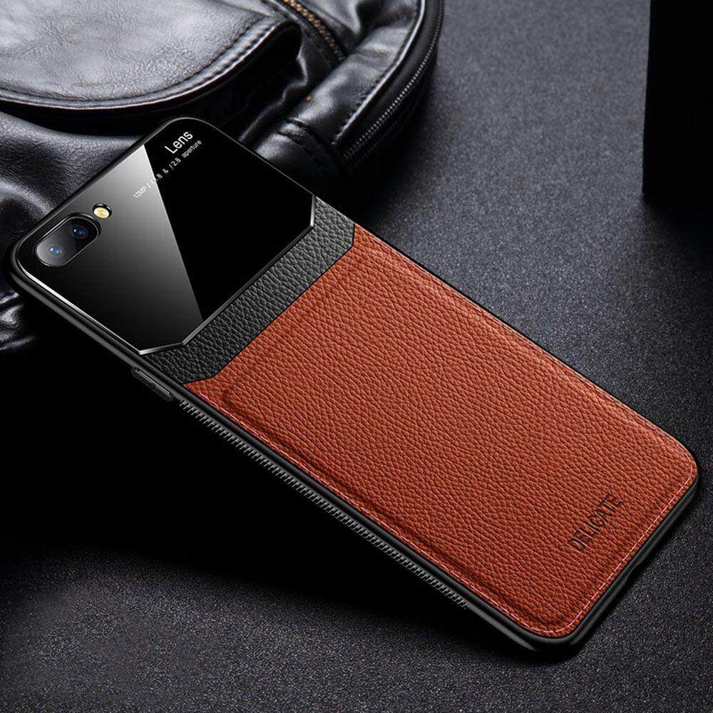 For OPPO A3s Business Slim Hybrid Leather TPU Bumper Glass Lens Protective Case Cover