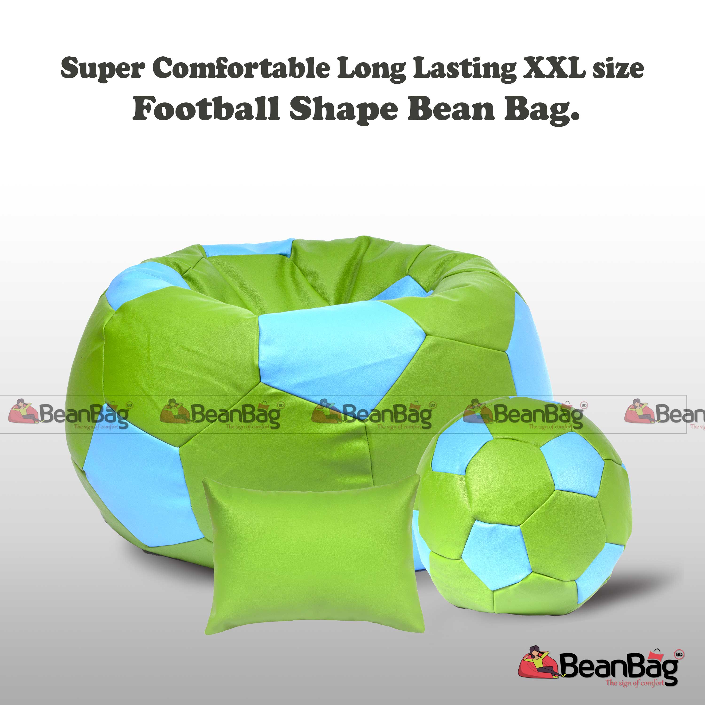 Bean Bag BD- Football Shape Bean Bag XXL Size Combo Set with Ottoman - Green & Sky Blue Color - Premium Quality