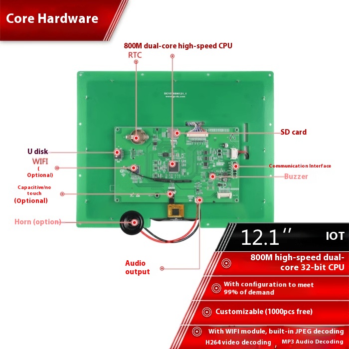 12.1-inch 1024 * 768 485/CAN communication serial port screen touch screen WIFI enhanced version IoT type big color. 