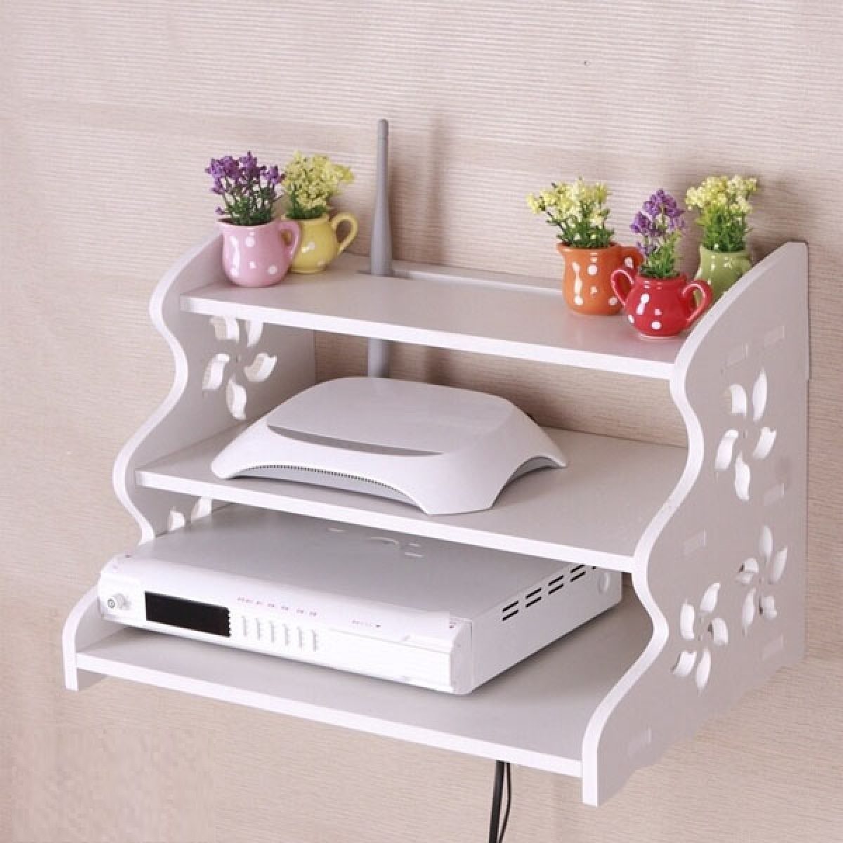 WiFi Router Wall Mount Storage Stand 3 Layer Floating Shelves Set. 