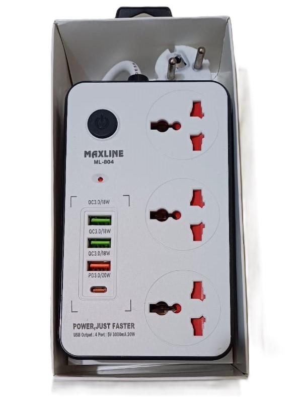 Multiplug ML-804 3 SOCKET 20W USB C PD 3-PORT QC 3.0- 3 Ways Power Socket and 4 USB Port For a Better Performance. 