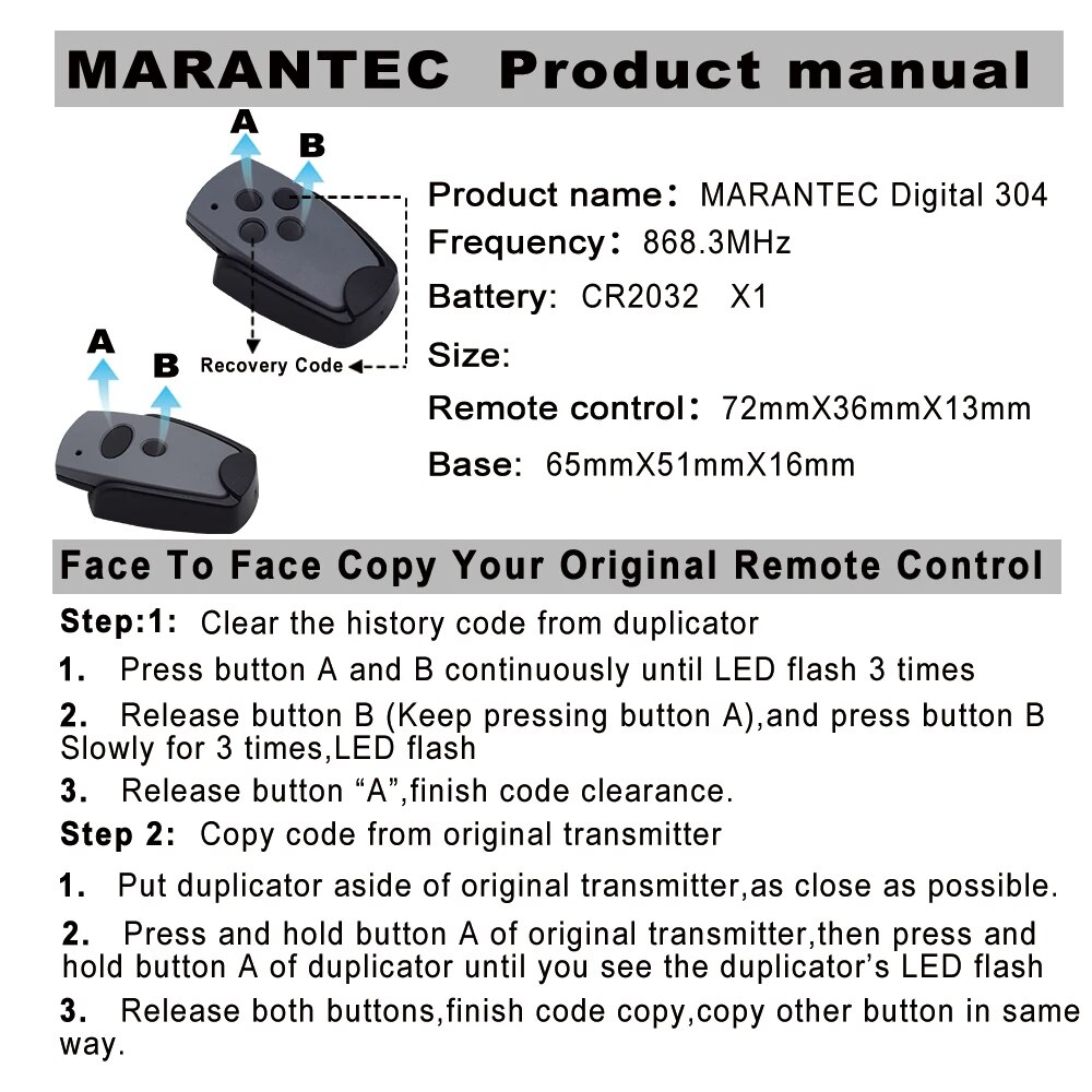 Marantec 868mhz/Marantec 433MHz Digital D302 D304 duplicator D382 D384 D313 321 Command 131 868.3MHz 433.92mhz. 