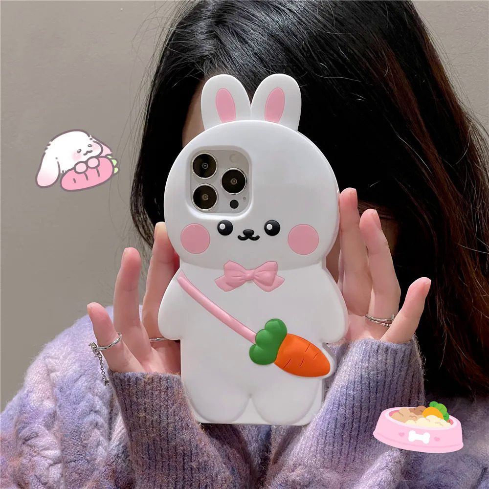 【Pioneer Gong】3D Cartoon Backpack Carrot Rabbit Lovely Bunny Soft Silicone Cover Phone Case For iPhone 11 12 12Pro 12ProMax 13 14 Pro Max Capa
