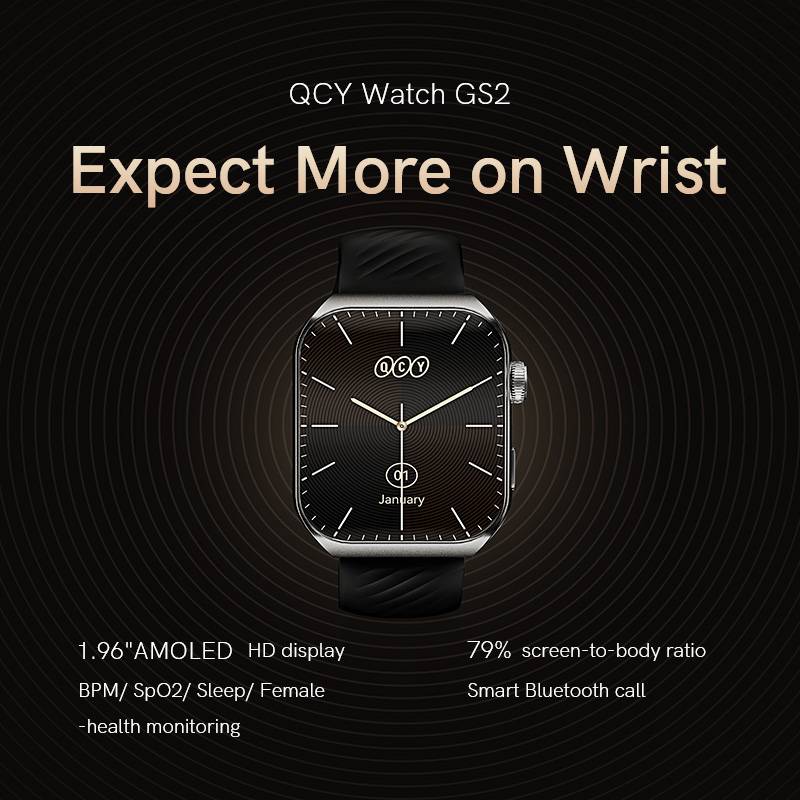 QCY GS2 Smart Watch 1.96 inch Amoled 60Hz High Resolution Display Bluetooth Calling IPX8 Waterproof 24 Hours Heart Rate Monitor SPO2 Sensor 100+ Sports Modes Smartwatch for Men and Women. 