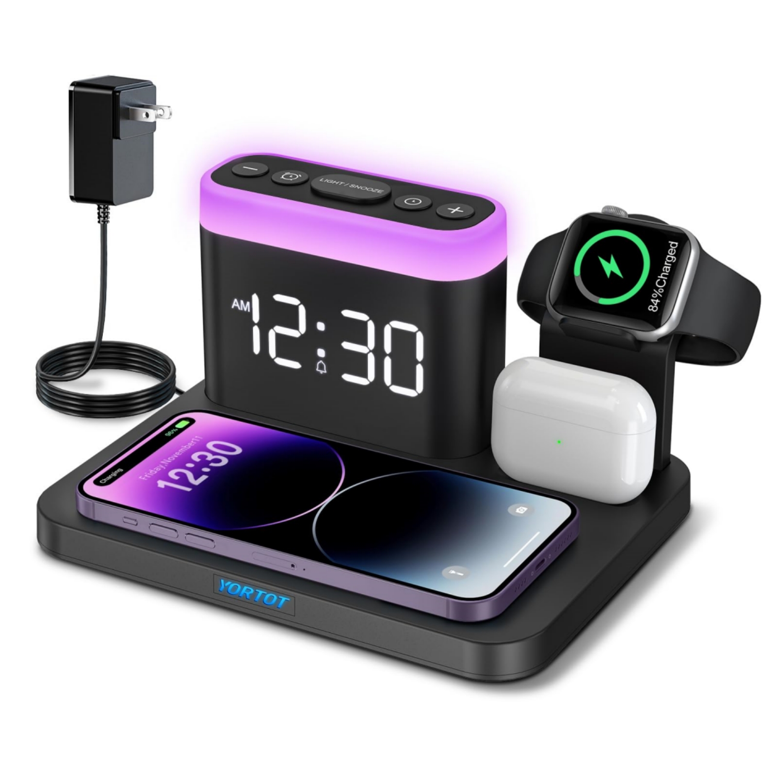 YORTOT Wireless Charging Station-5 in 1 Wireless Charger Alarm Clock, 7 Night Lights, iPhone/AirPods Charging Dock/Apple Watch Compatible-Option - American Plug. 