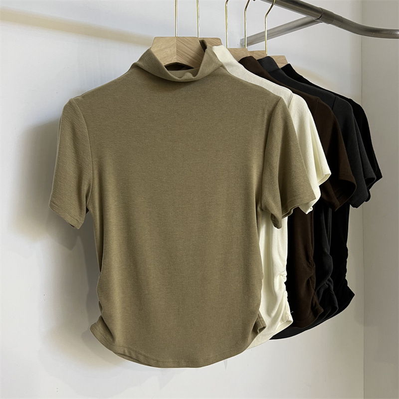 Modal Rayon Pleated Waist Tight Half Turtleneck Short Sleeve on Both Sides T Women's Short T-shirt