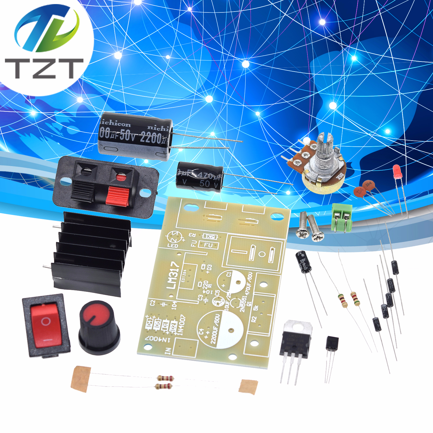LM317 DIY Kit Step Down Power Supply Module Adjustable Voltage Regulator Switch Resettable Fuse Electrolytic Capacitor Board