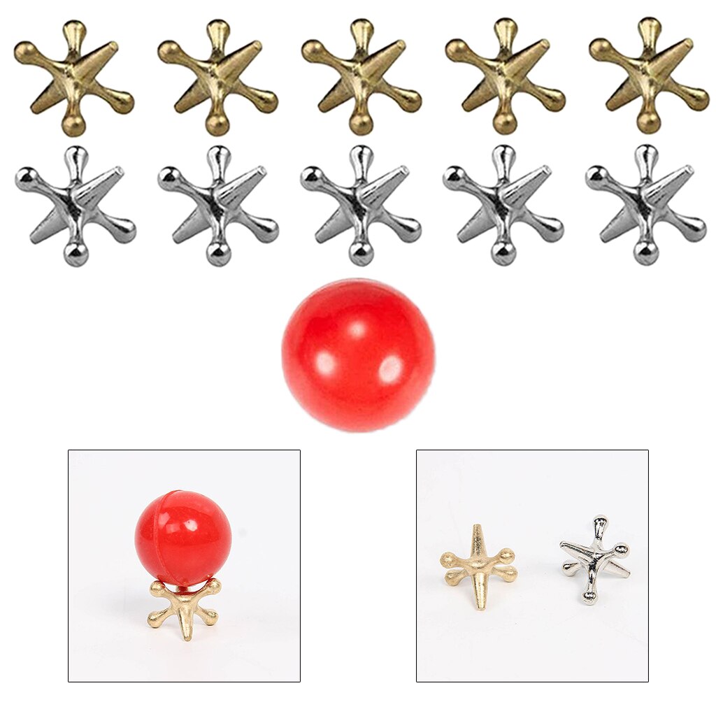 Jack Games- 10 Pcs and  Metal Jacks 1 Red Rubber Bouncy Balls Classic Game of Jacks for Party Favor Kids and. 