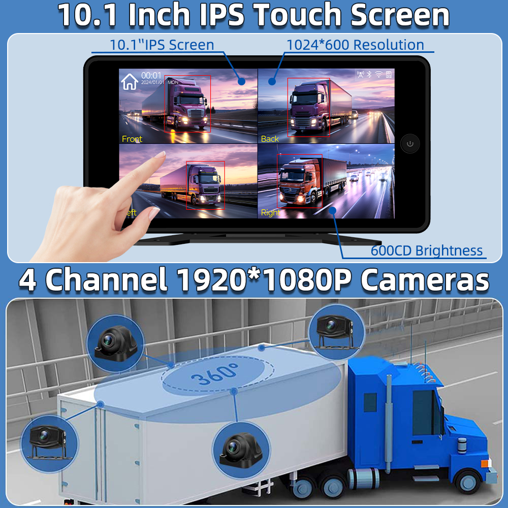 4CH 10.1 Inch CarPlay Android Auto Vehicle DVR System 1080P Camera BSD Alarm Wifi App Control Parking Monitor For Truck Bus RV. 