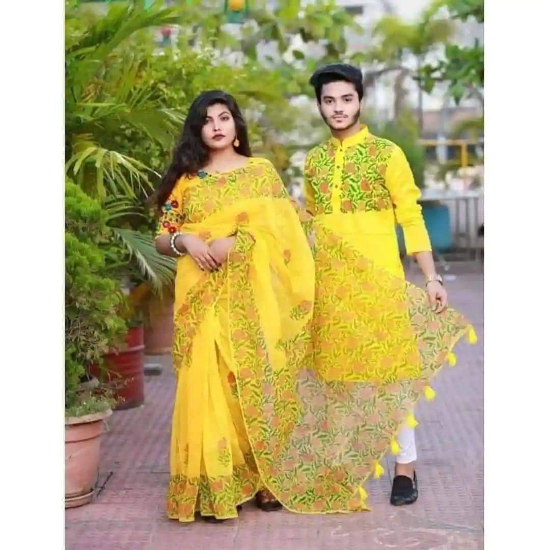 Stylesh & fashionable best Hand Print Half Silk couple Saree and panjabi for man and women