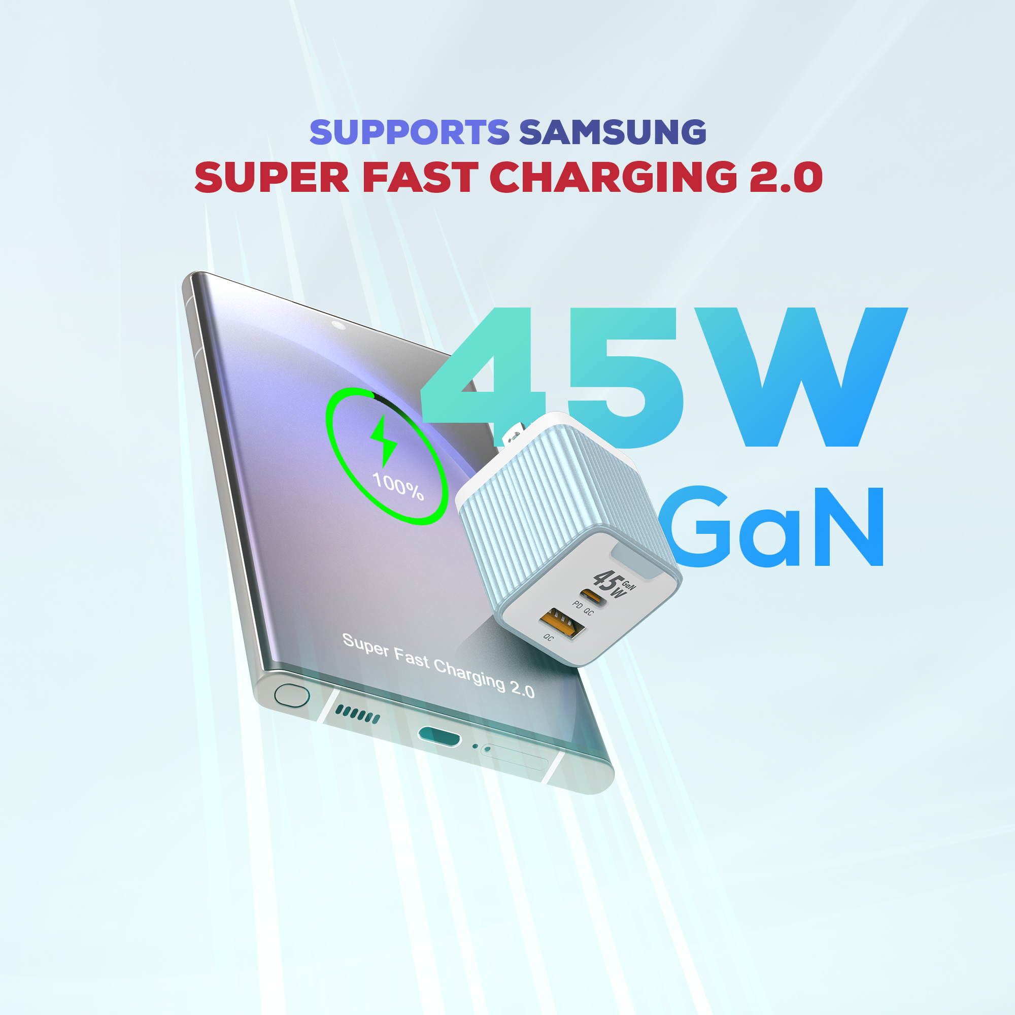 TETON 45W GaN Charger Adapter USB C Fast Charger, Support Samsung Super Fast Charging 2.0, PD Compact Foldable Dual Wall Charger Block, for Samsung S23 S22 Ultra/Note iPhone 15 14. 