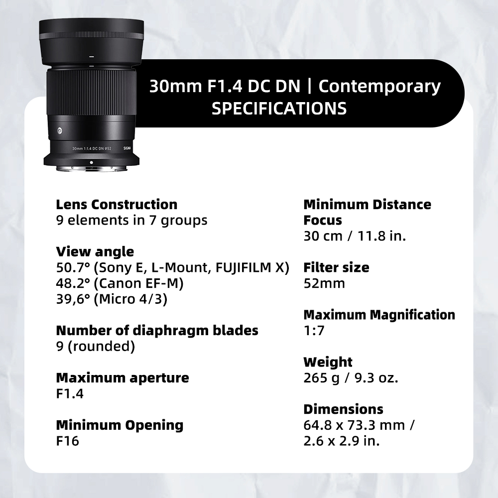Sigma 30MM F1.4 DC DN Wide Angle Fixed Focus Portrait Lens Mirrorless Camera Lens for SONY ZVE10 A6400 E Mount. 