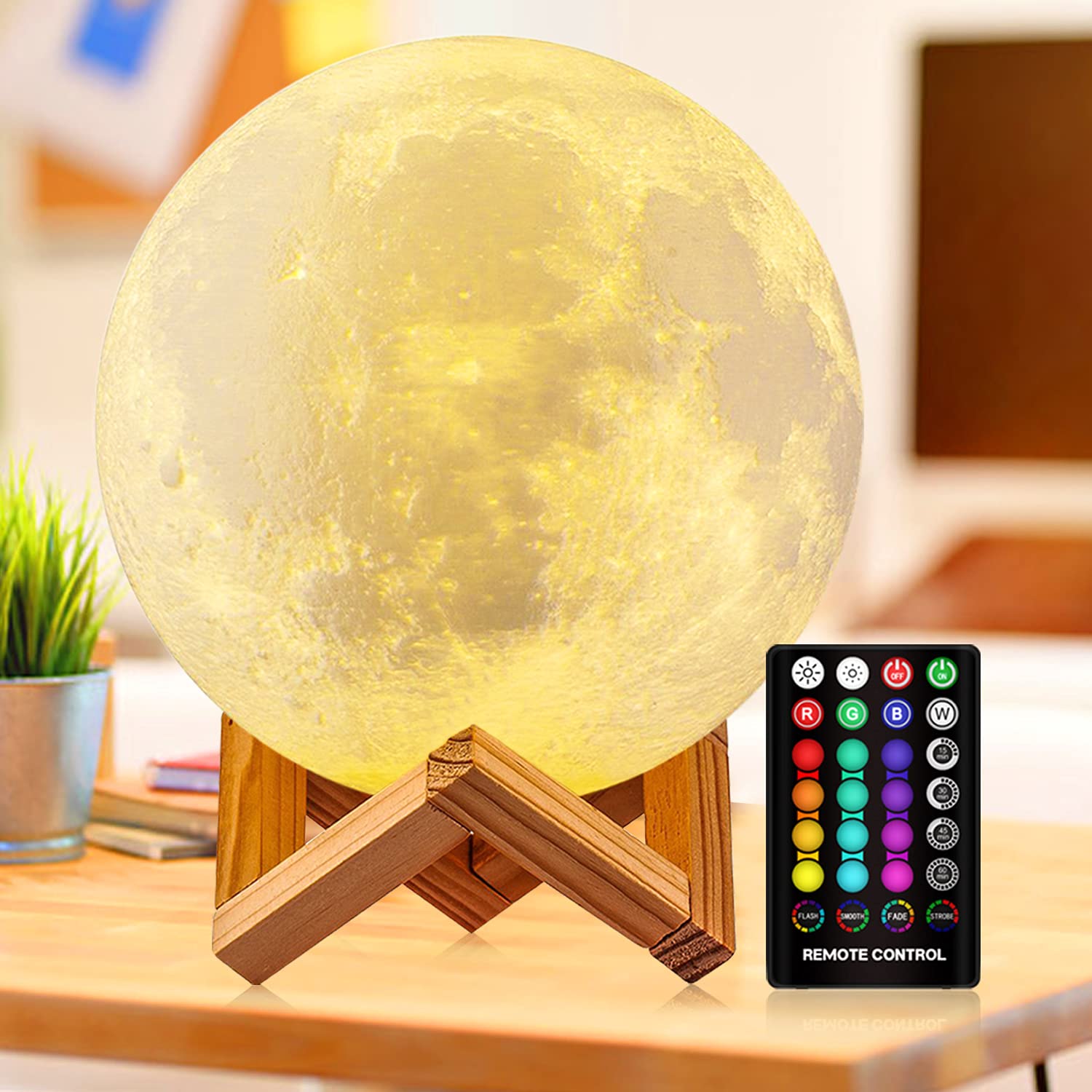Remote control 3D Moon Light with Wood Stand & TouchingMoonlight table Lamp Rechargable - charger light