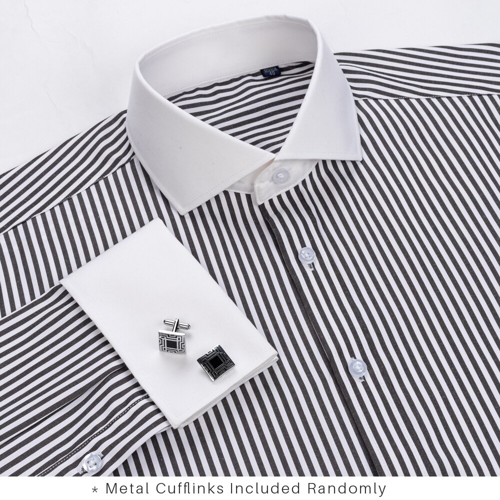 Men's Striped Spread Collar French Cuff Shirt Without Pocket Formal Business Long Sleeve Standard-fit Dress Shirts. 