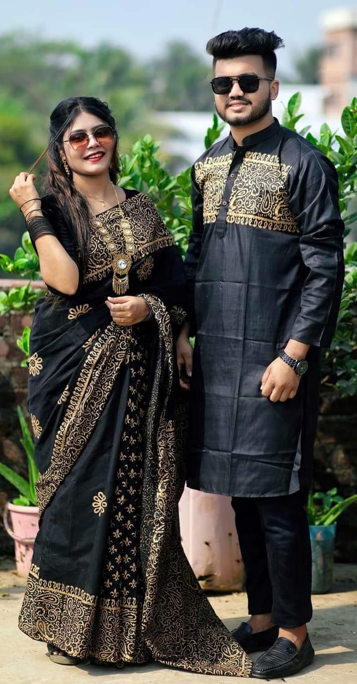 Stylish & fashionable New Matching best/Coupple Dress/For Men & Women / Saree & Panjabi/ (Combo Set)) - 293314727