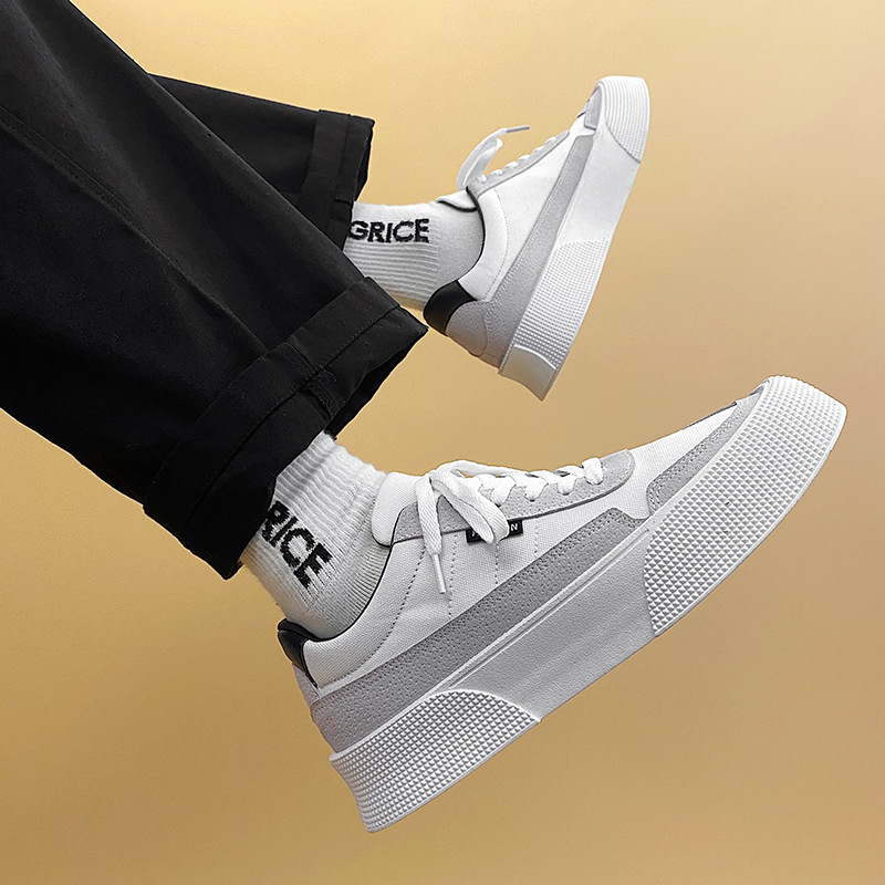 2023 Spring New Men's Shoes Street Shooting Niche Canvas White Shoes Low-Top Platform Hight Increasing Board Shoes Men's One Piece