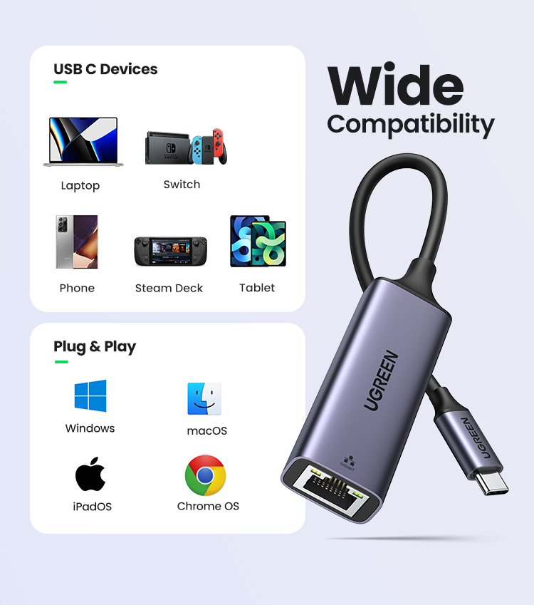 UGREEN CM199 (50737) USB Type-C to 10/100/1000M Ethernet Adapter - Interface: USB 3.0 Type C - Foldable and Portable design - Transfer Rate up to 1000 Mbps - Ideal for laptop, tablet and most USB-C powered. 