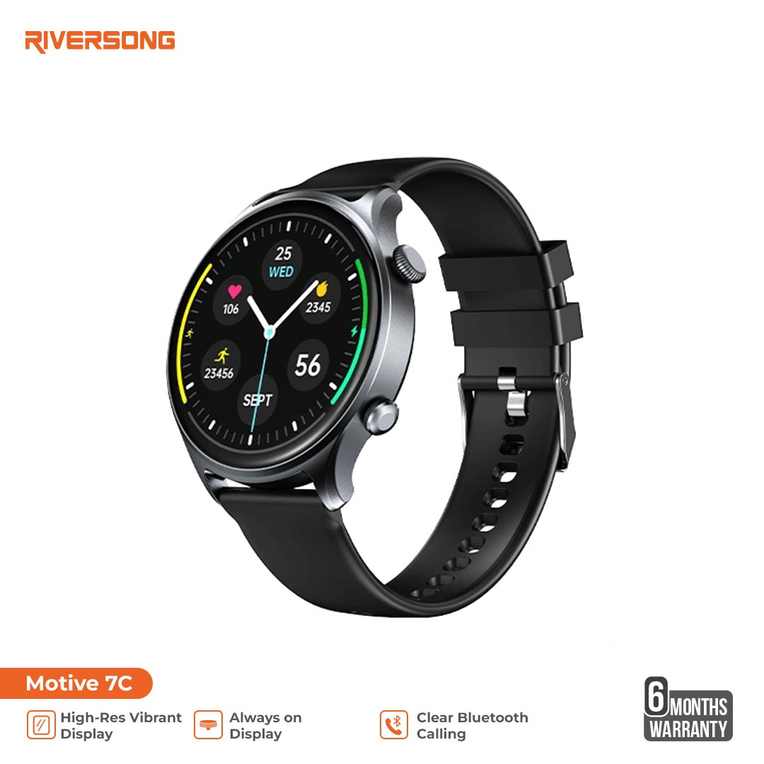 Riversong Motive 7C, High resolution Screen with Always on Display, Crown Navigation and 100+ sports mode, IP68 waterproof. 