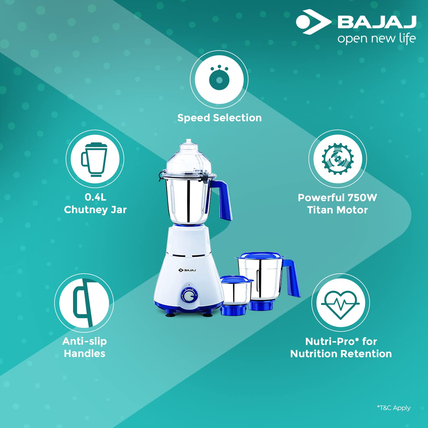 Bajaj Typhoon 750 Watts Mixer Grinder / Blender / Juicer. 
