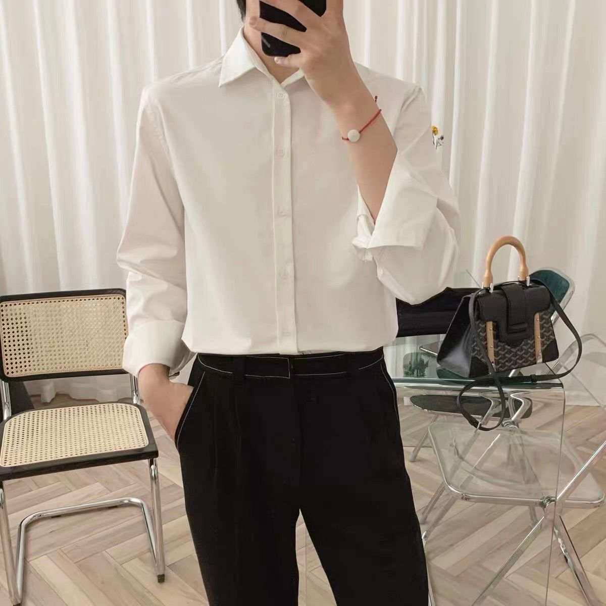 Spring and Autumn 2021 New Men's Casual Long Sleeve Gray Loose Lapel Shirt Handsome Workwear Men's Fashion Brand