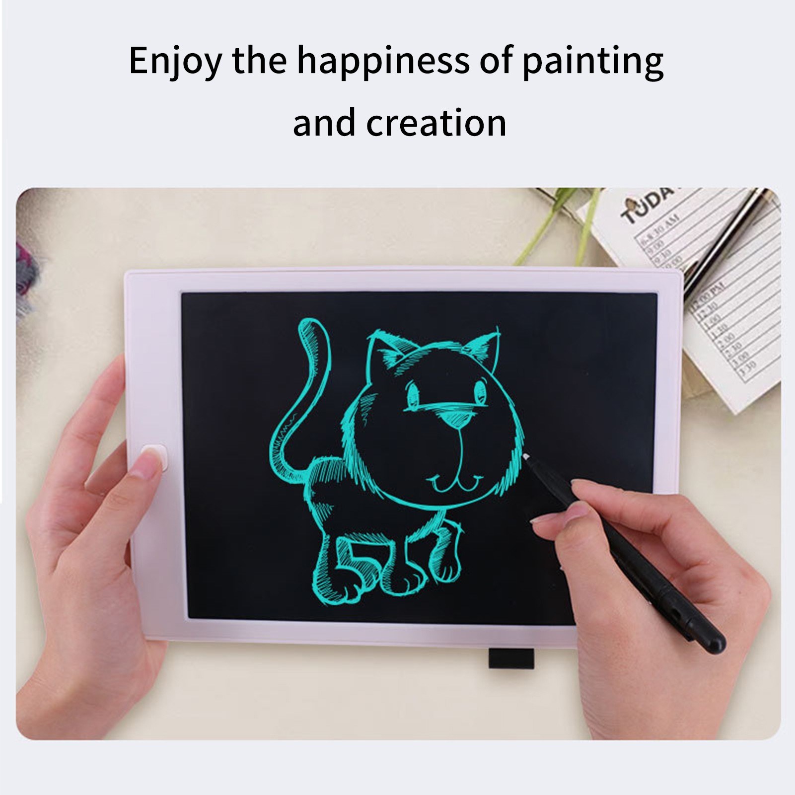 LCD writing pad with 10 inch monochrome screen, touch pen for writing notes for toddlers - white. 