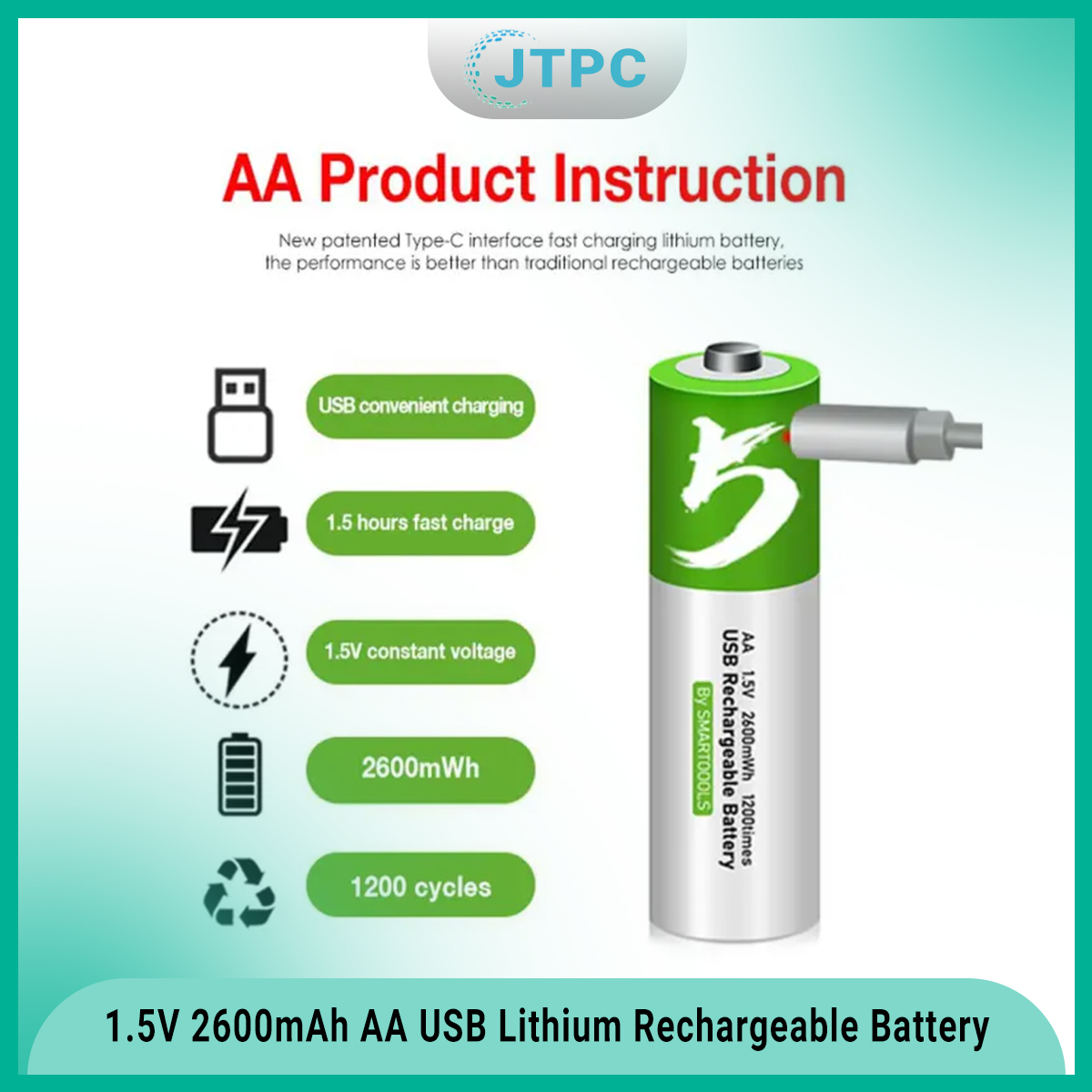 smartoools 1.5V Type-C Rechargeable Batteries AA (2-Pack) With Type-C Cable. 