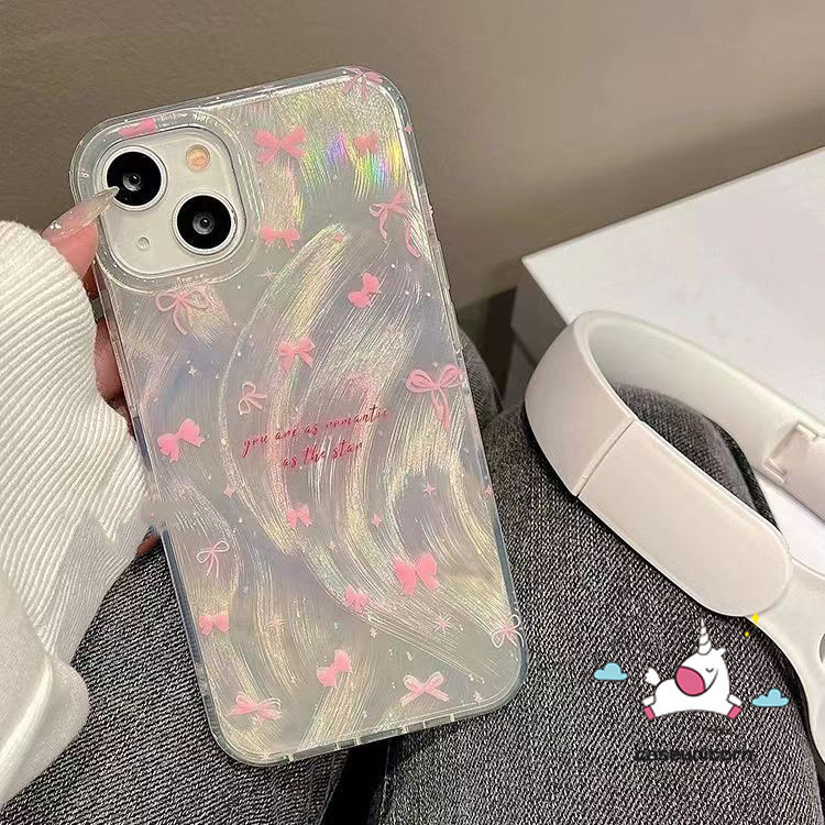 Romance Pink Gradient Bowknot Cartoon Bracelet Case Compatible For IPhone 7Plus 15 13 11 14 12 Pro Max XR XS Max X 15 8 14 7 Plus SE 2020 English Tag Luxury Pearly Luster Card Case. 