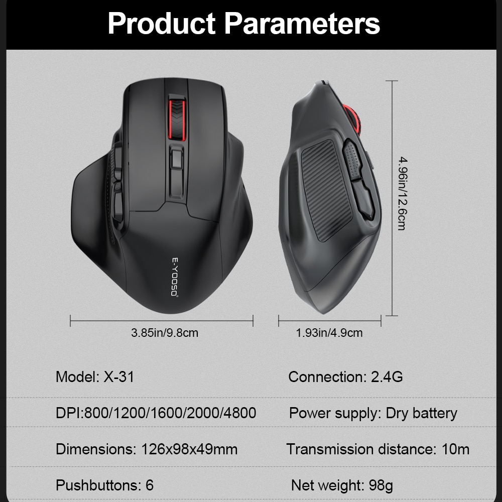 E-YOOSO X-31 USB 2.4G Wireless Gaming Large Mouse for Big Hands PAW3212 4800 DPI 5 Buttons for Gamer Mice Computer Laptop PC. 