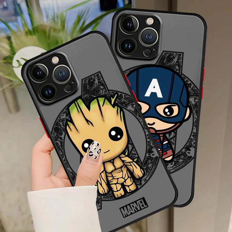 【Healer DingD】 Cartoon Marvel Cute Hero Phone Case For iPhone 15 14 13 12 11 Pro Max mini XS Max XR X 8 Plus SE Frosted Translucent Cover